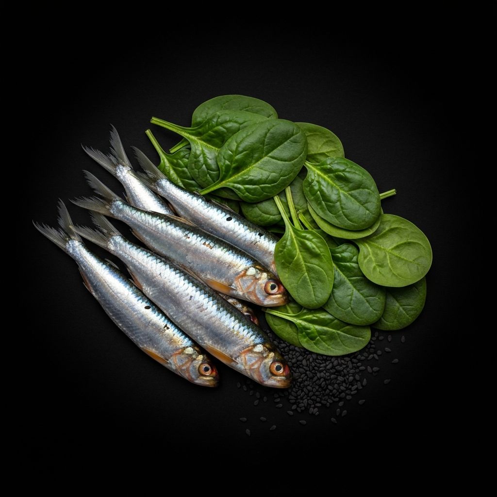 CoQ10-rich foods: sardines, spinach, sesame seeds